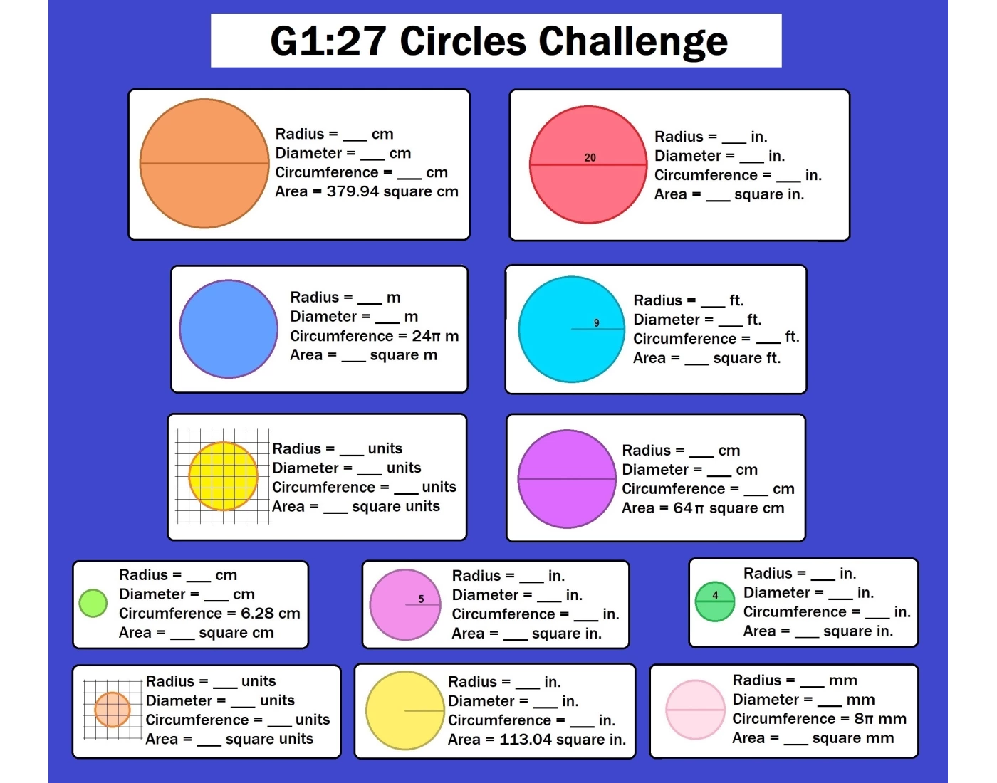 Circle Math Challenge G1:27 Circles Challenge Quiz